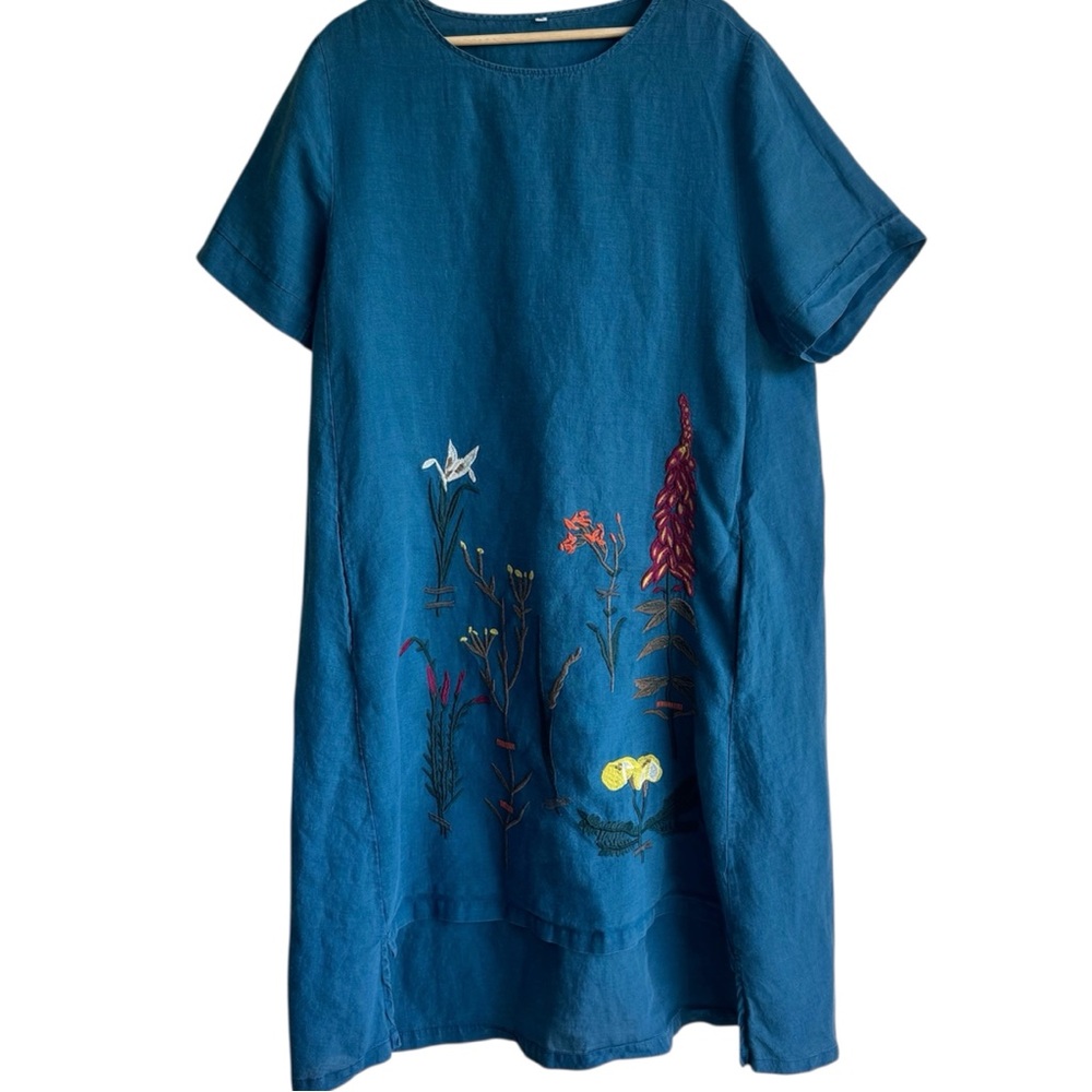 MiniBee Blue Linen Blend Embroidered A-Line Hi Low Dress Tunic XL Pockets